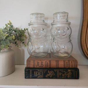 Vintage Canada Snowman Glass Christmas Candy Jars Pair of 2